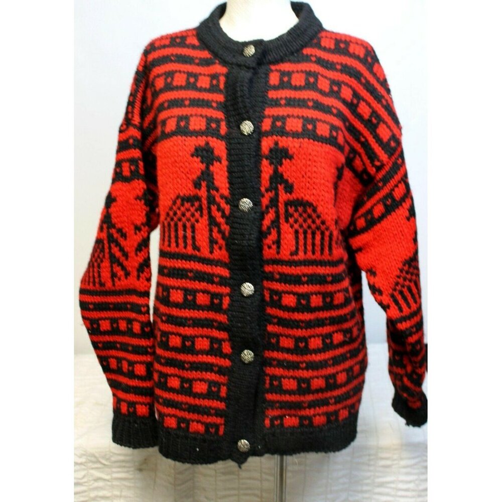 Greek Knitwear Red Black Sweater Long Sleeve Wool Button Up Women's Sz XL